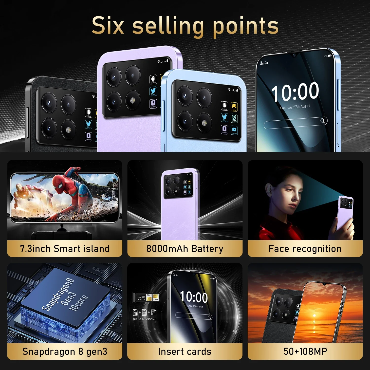 F6 Pro 5G Global Version 7.3HD Screen 16G + 1T 7000Mah Android14 Cellulare Dual Sim Face Unlocked Mobile Phone 108MP Cell Phone