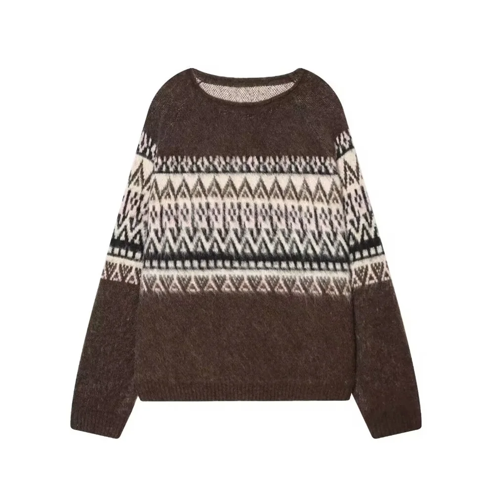 الخريف والشتاء المرأة الجديدة الرجعية فضفاضة جولة الرقبة طويلة الأكمام بالفرشاة تأثير الجاكار محبوك قميص