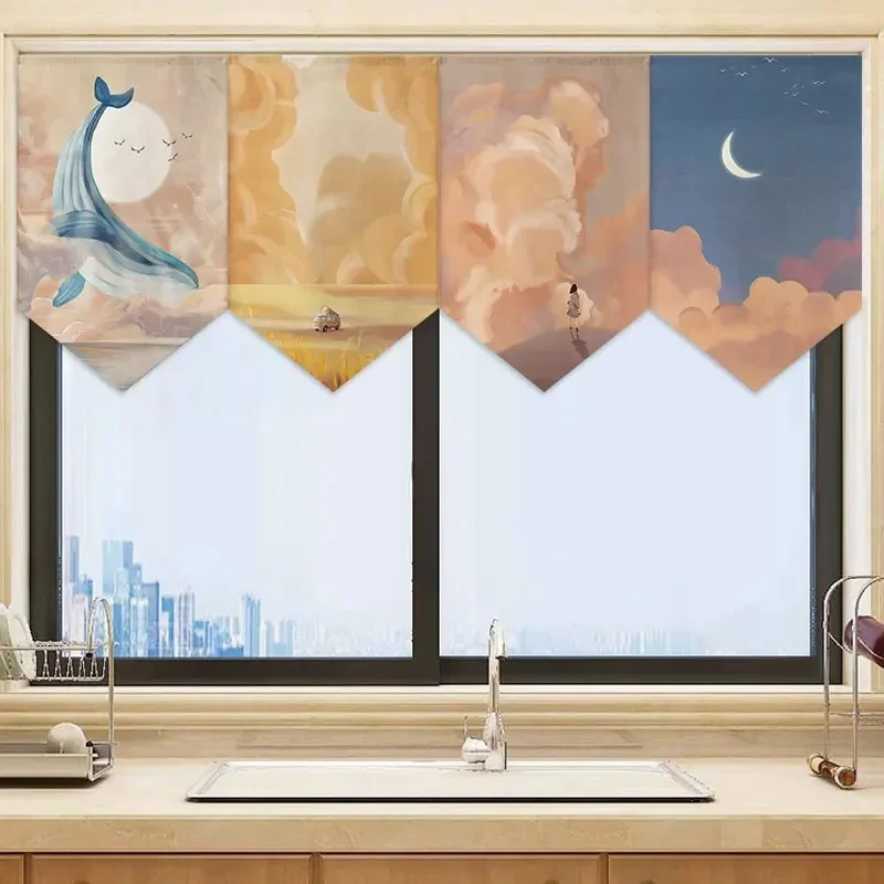 VIKAMA Landscape Triangle Door Curtain Oil Painting Sky Cloud Whale Sailboat Print Fabric Half Curtain for Home Kitchen Decor