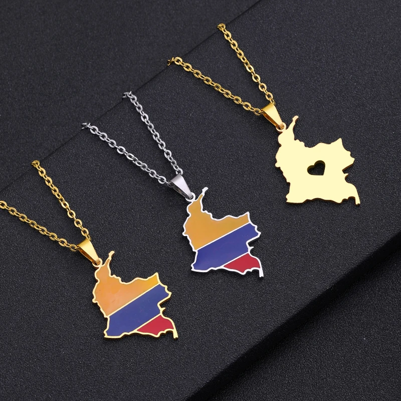 Stainless Steel Colombian Map Flag Pendant Necklaces Gold Silver Color Country Men Women Map Jewelry Gift