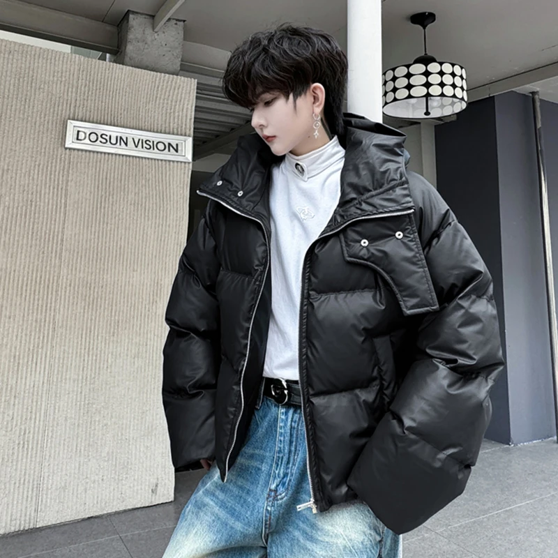 IEFB New Winter Men\'s Padded Coats Hooded PU Leather Zipper Casual Cotton Coats Solid Color Thickened Male Loose Tops 9C8410