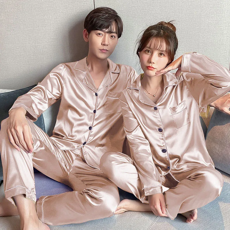 Women\'s Pajamas Silk Summer Solid Short Sleeves Two-piece Suit V-neck Casual Loose Couple Pajamas Live at Home Sleepwear