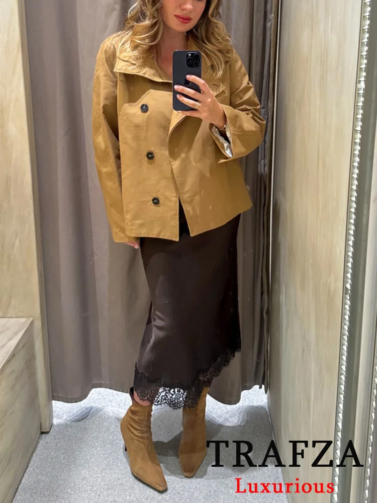 

TRAFZA Vintage Casual Chic Women Trench Solid Single Breasted Turtleneck Long Jackets Coat Fashion 2025 Autumn Straight Outwears