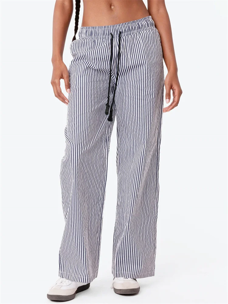 Dourbesty Women Striped Print Pants Bottoms Drawstring Elastic Waist Wide Leg Pants Loose Casual Lounge Pants Streetwear