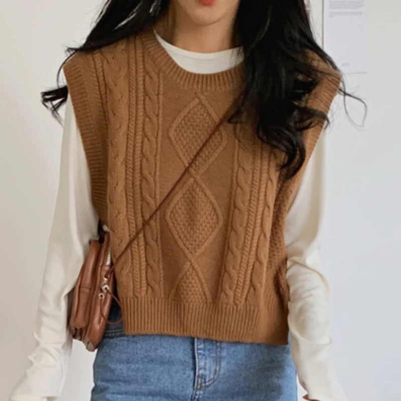 Short Vests Outerwear Lace-Up Cross Criss Design Cute Japan Girls Preppy Style Split Slit O Neck Casual Loose Knitted Sweaters