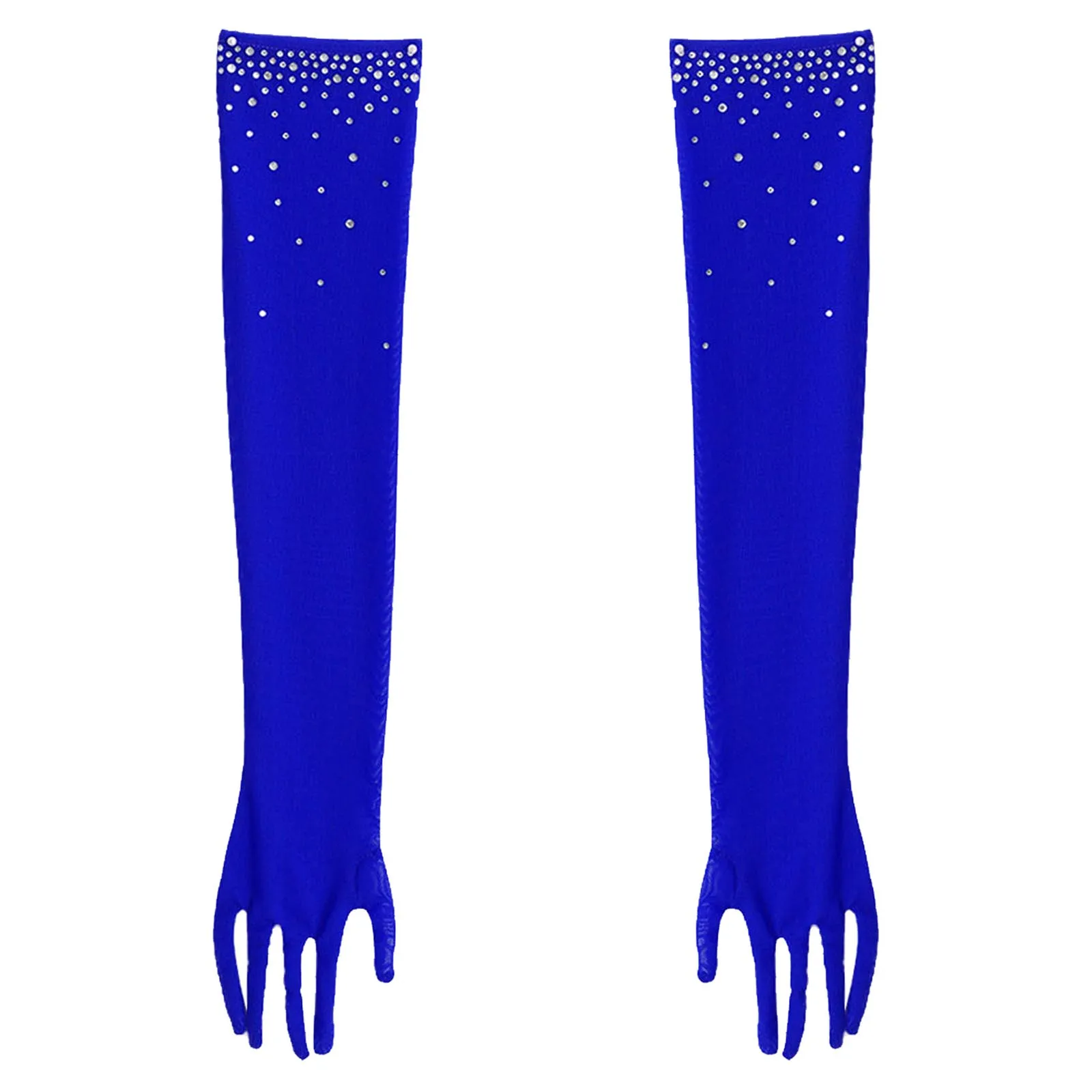 Kids Girls Latin Jazz Dance Gloves 1 Pair Glittery Rhinestones Five-Finger Full-Length Mesh Gloves for Tango Samba Accessories