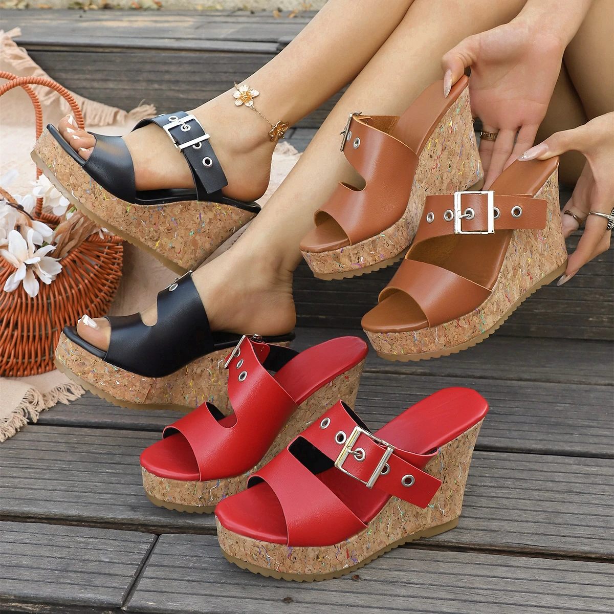 Summer Women's buckle strap Wedge Sandals Street Style Dress Heeled Pump Fashion Thick Platform slippers Female High Heels Shoes