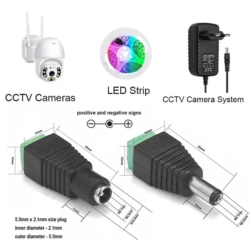 موصل طاقة ذكور وإناث بالتيار المستمر ، محول قابس ، مآخذ طرفية لكاميرات الدوائر التلفزيونية المغلقة ، شريط LED أحادي اللون ، 12 فولت ، 47 × × 5 ، 10