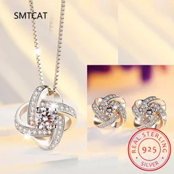 925 Sterling Silver Jewelry Sets For Women Forever Love Twist Flower Zirconia Knot Necklace+Earrings Wedding Jewelry