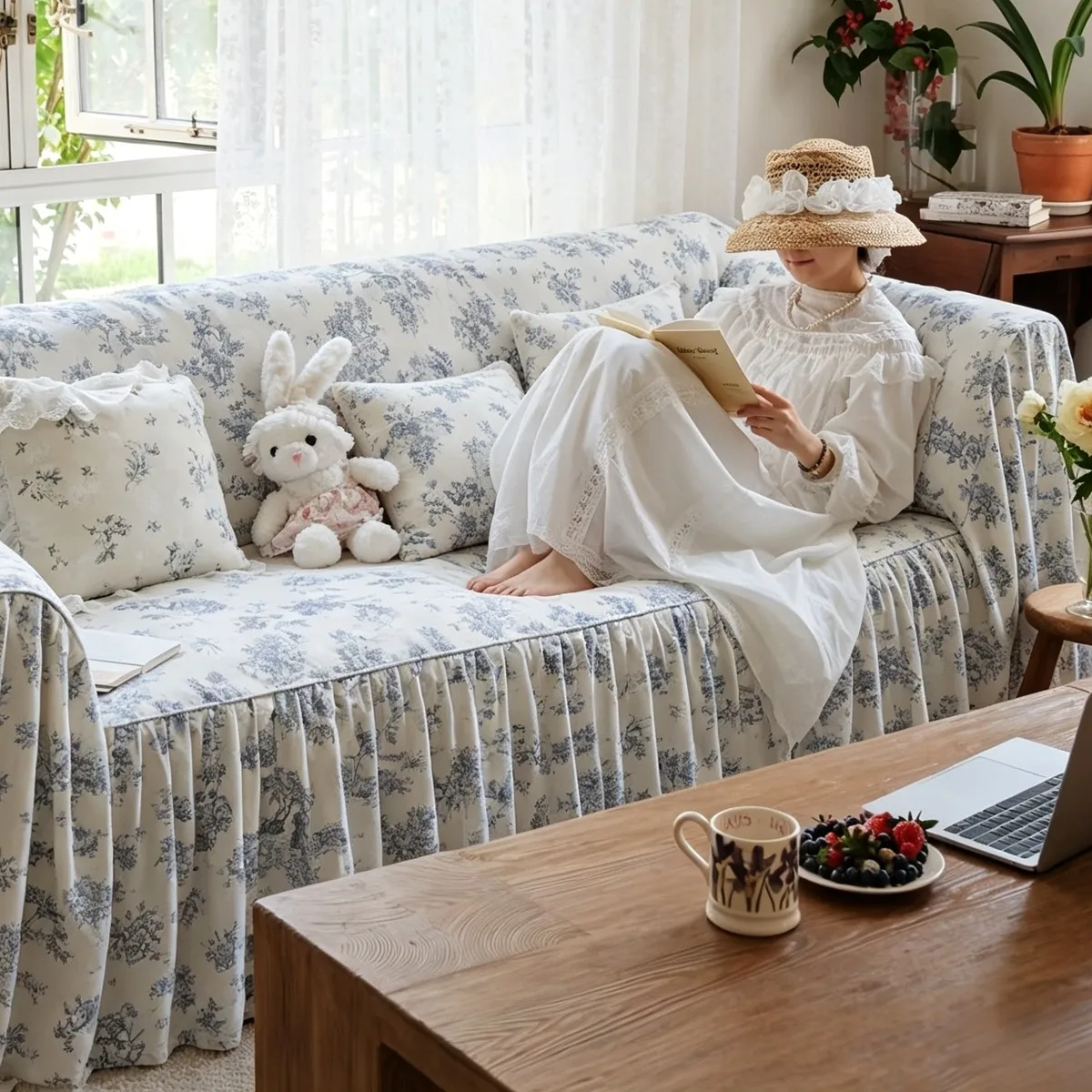 French Korean Princess Pastoral Blue and White Figure Painting Pure Cotton Sofa Towel 2 and 3 Seater Sofa Cover Lace Trim