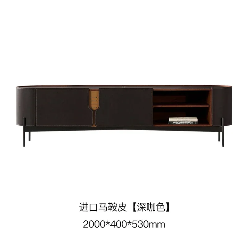 

solid wood designer high-end living room floor cabinet Italian light luxury saddle leather TV cabinet walnut