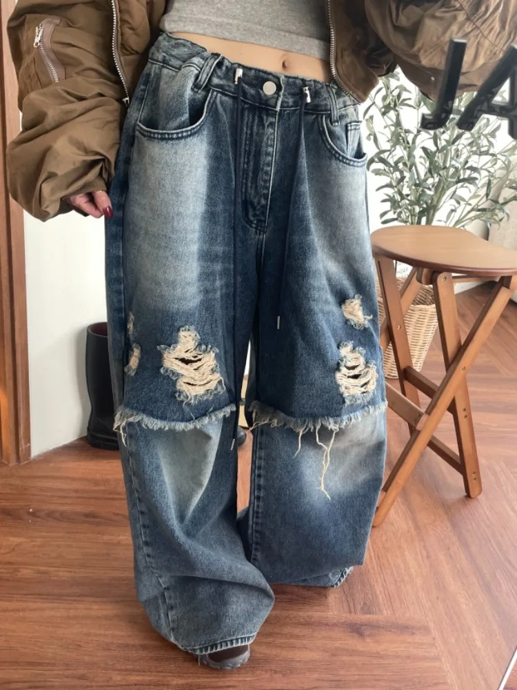 

Loose Knee-Length Double Layered Boyfriend Style Wide Leg Jeans Tear Design Street Fashion Korean Trend Casual Comfortable Jeans