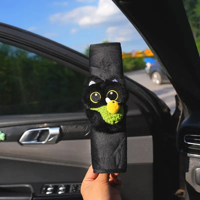 Cute Black Cat Plush Car Seat Belt Cover Anti-Slip Soft Comfort Fabric Suitable for All Car Models Daily Driving Decor