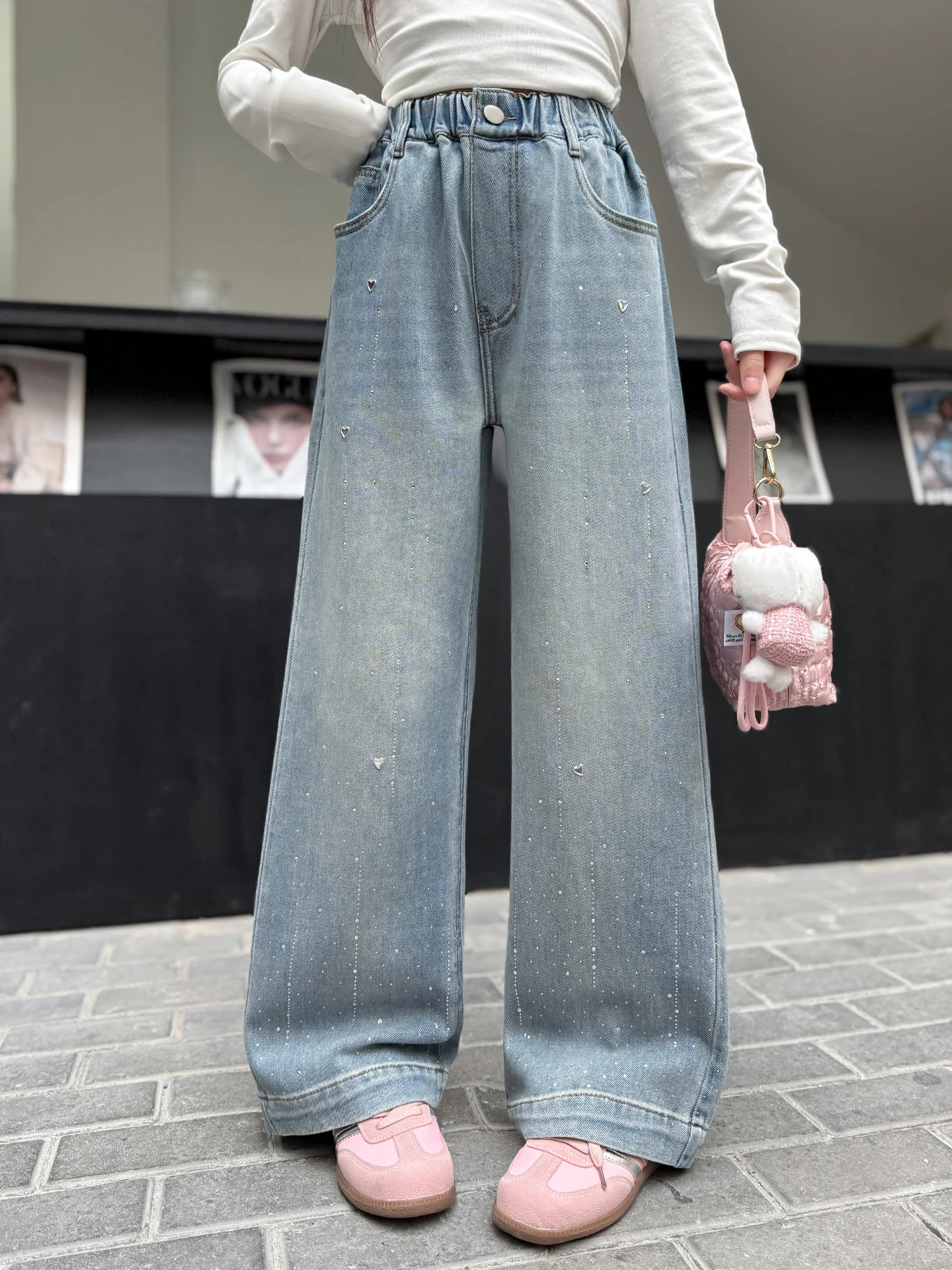

Spring Fashion Girls Jeans Casual Wide Leg Pants Korean Style Outdoor Wear Comfortable Straight Tube Trousers for Kids