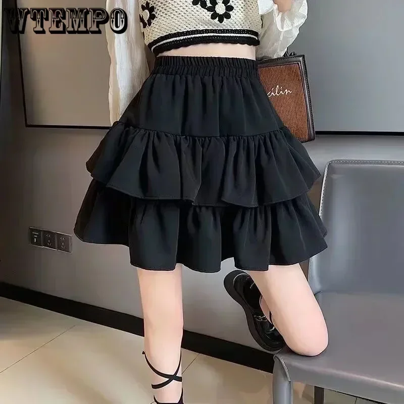 Sweet Cake A-line Skirt Black Women Cute Pleated Puffy Skirt Elastic Waist Preppy Style Solid Color Casual Korean Fashion Casual