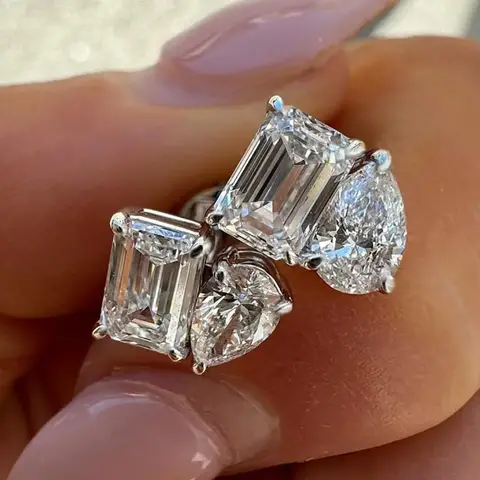 FEOBUR 4cttw Two Stone Moissanite Stud Earrings 925 Sterling Silver Pear&Emerald Cut Lab Diamond Ear Studs Women Wedding Jewelry