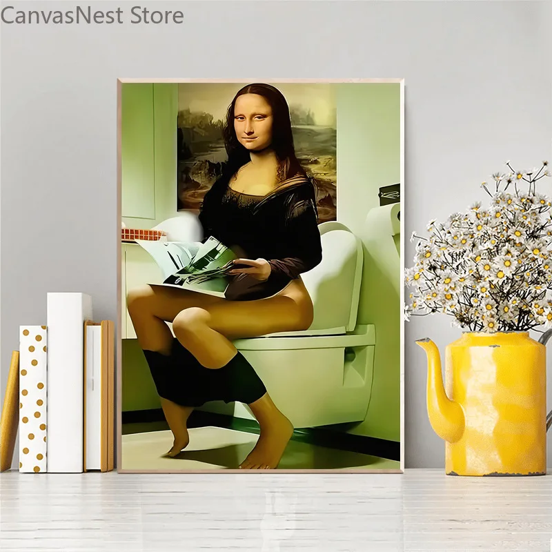Funny Mona Lisa Bathroom Canvas Wall Art Set, Humor Classic Painting Toilet Canvas Poster Prints