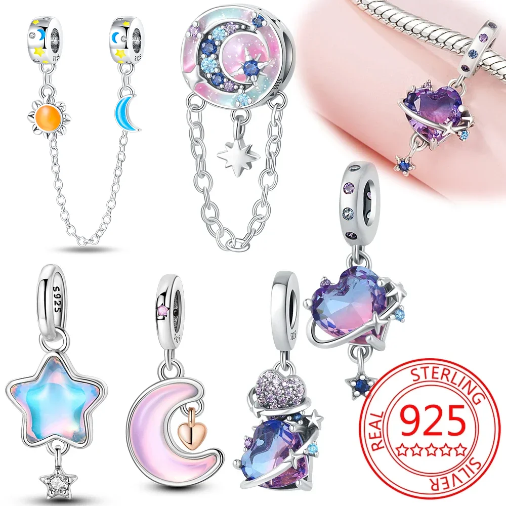 925 Sterling Silver Purple Heart Moon Planet Charm Pendant Beads Fit Charms Silver Original Bracelet for Women Jewelry