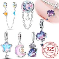925 Sterling Silver Purple Heart Moon Planet Charm Pendant Beads Fit Charms Silver Original Bracelet for Women Jewelry