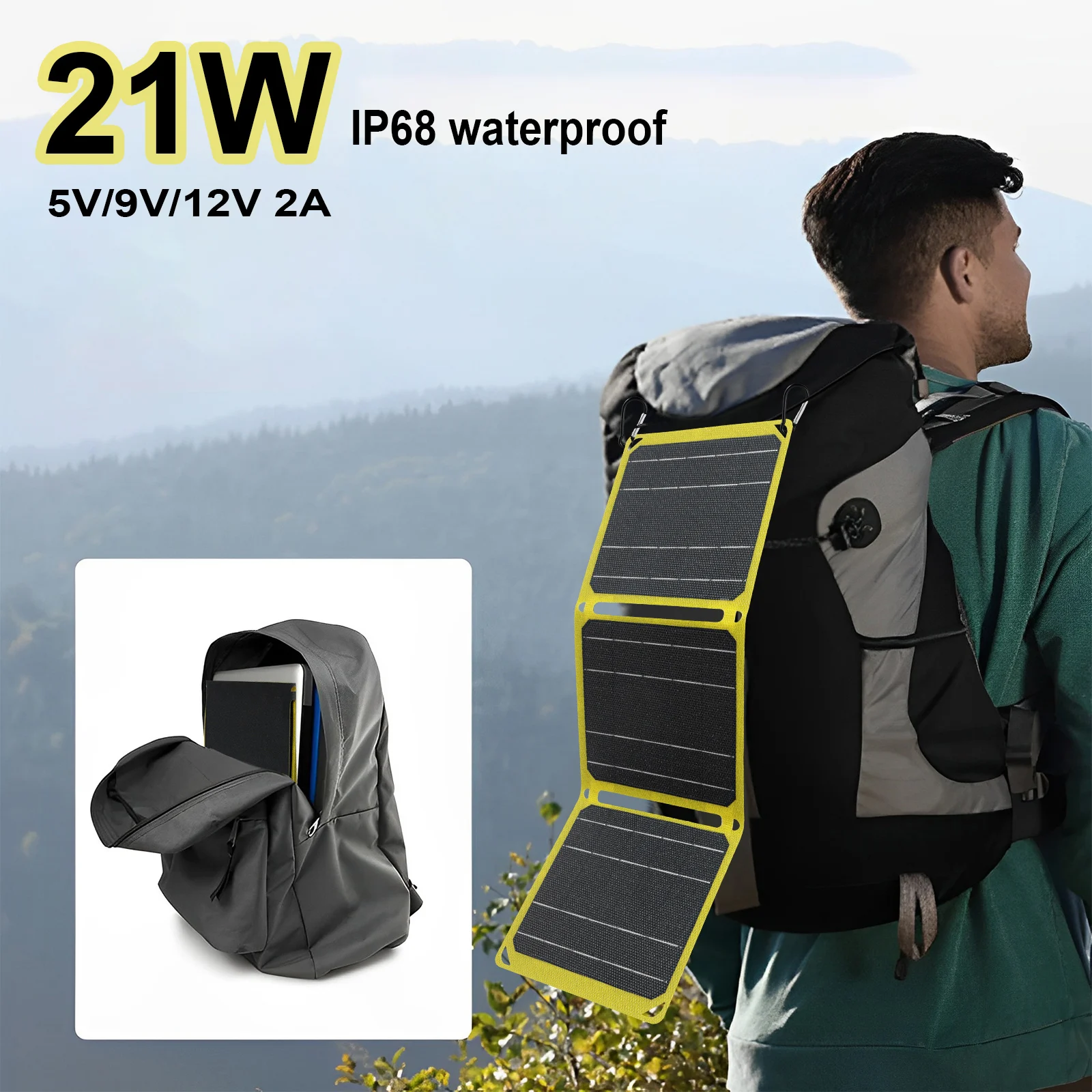 21W Foldable Solar Panel 2A IP68 Waterproof USB Portable Battery Charger Efficiency ETFE Solar Panel for Camping Accessories