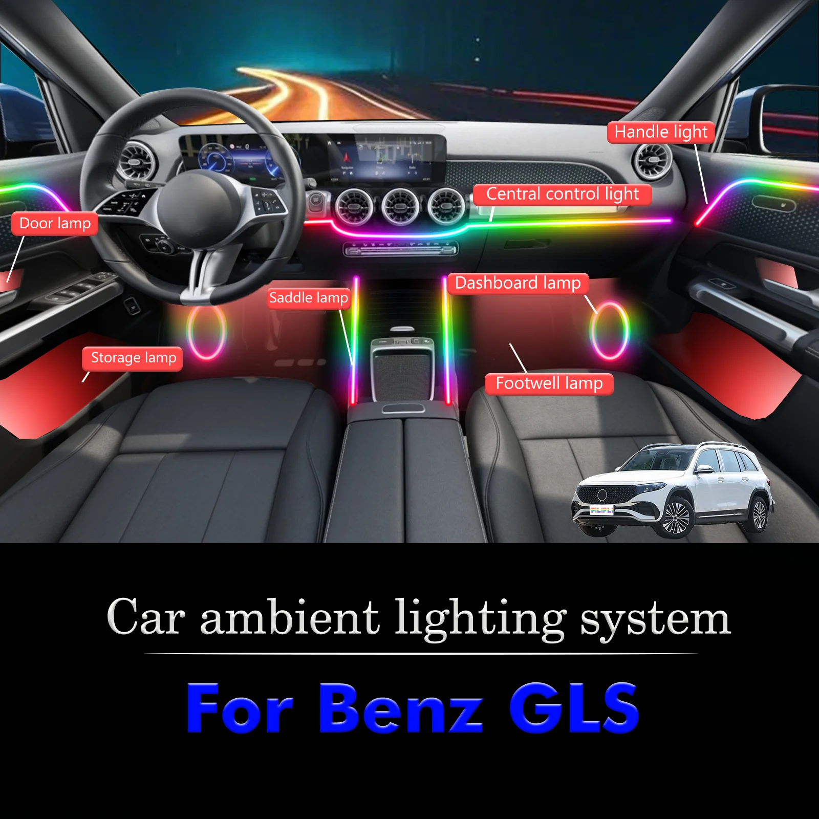

For Benz GLS Car Interior Ambient Lamp Kit RGB 64-Color LED Smart Remote Control Energy Saving Efficient Lights