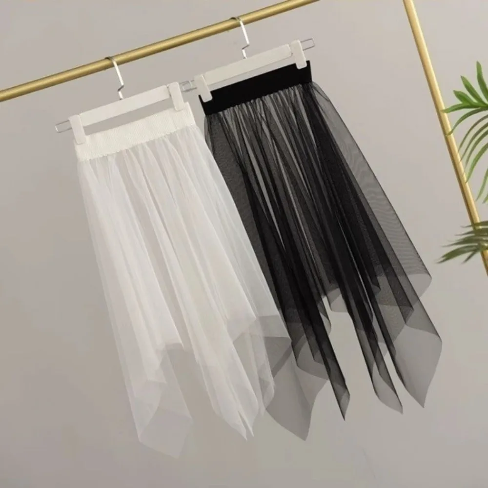 

Корейская прозрачная кружевная сетчатая юбка-сетка, длинная асимметричная нижняя юбка-пачка, черно-белая тюлевая юбка для женщин