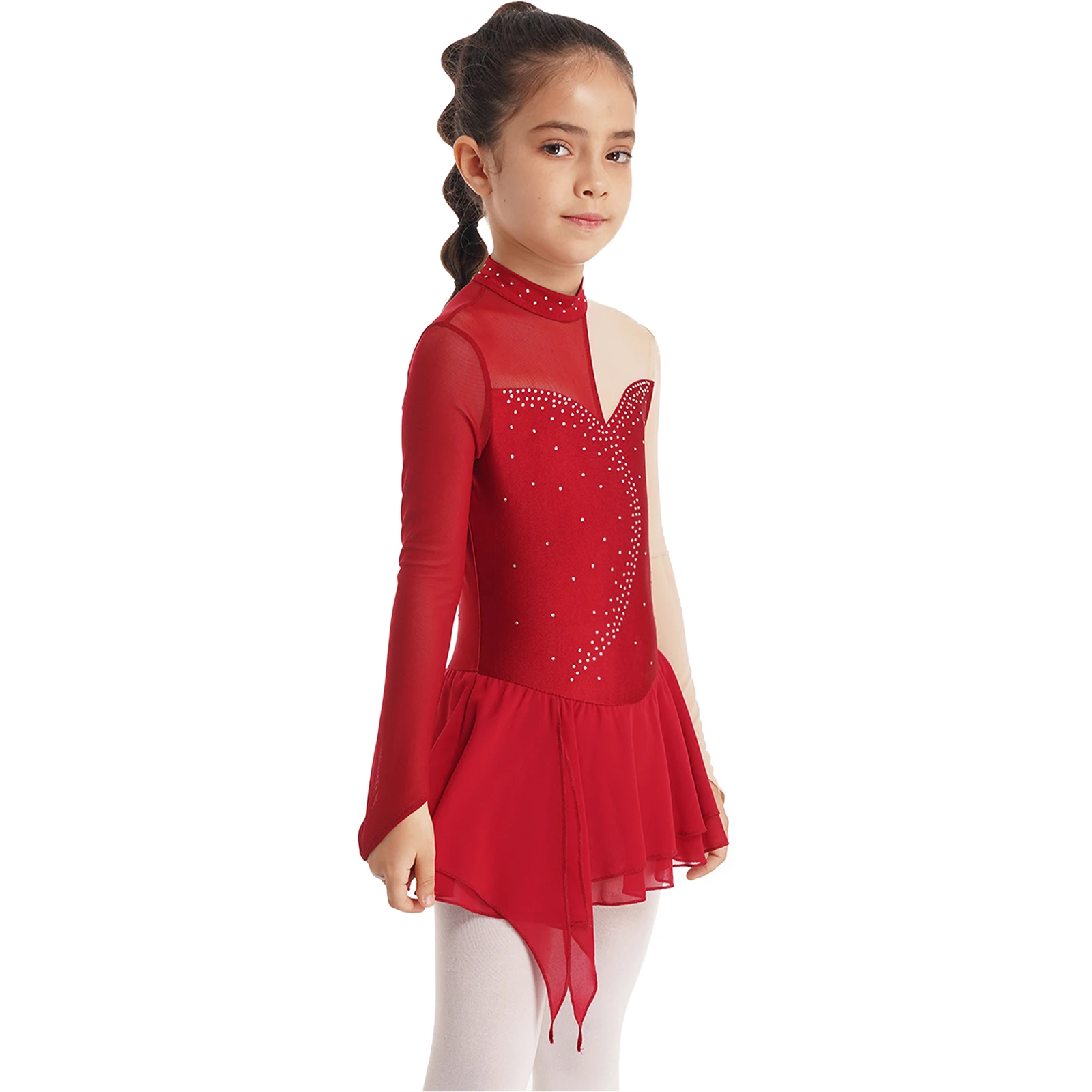 Girls Gymnastics Ballet Lyrical Dance Dress Long Sleeve Round Collar Hollow Back Rhinestone Figure Ice Skating Leotards Dress