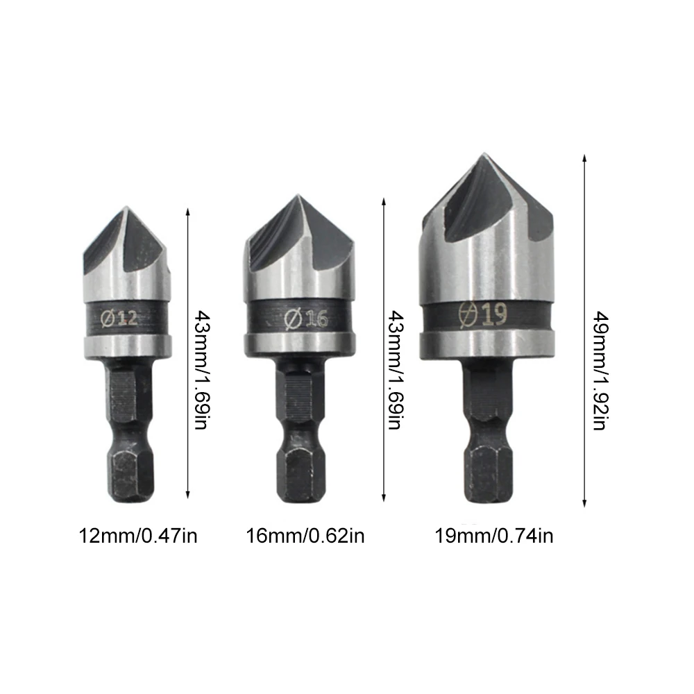 3 sztuk 1/4 Hex pogłębiacze Saai Afschuining cham 5 Fluit Houtbewerking cham zestaw do wycinania 12/16/19mm Graden metalowe Boren zestaw części