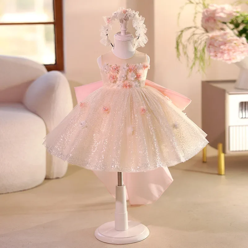 

Summer Sleeveless Kids Girls Princess Dress High-End Luxury Birthday Party Dresses Children Wedding Little Girl Flower Frocks
