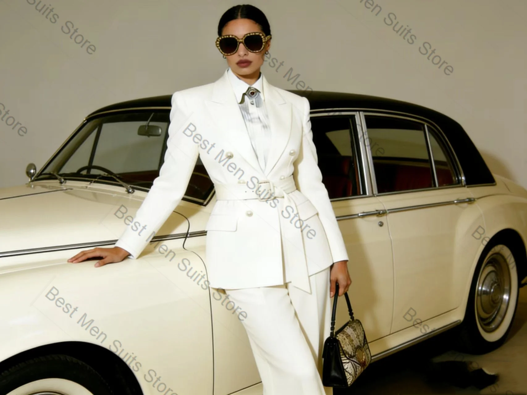 

White Women Suit Set 2 Pcs Blazer Pants Trousers Belted Spring Cotton Formal Office Jacket Customized Wedding Tuxedo Guest Coat