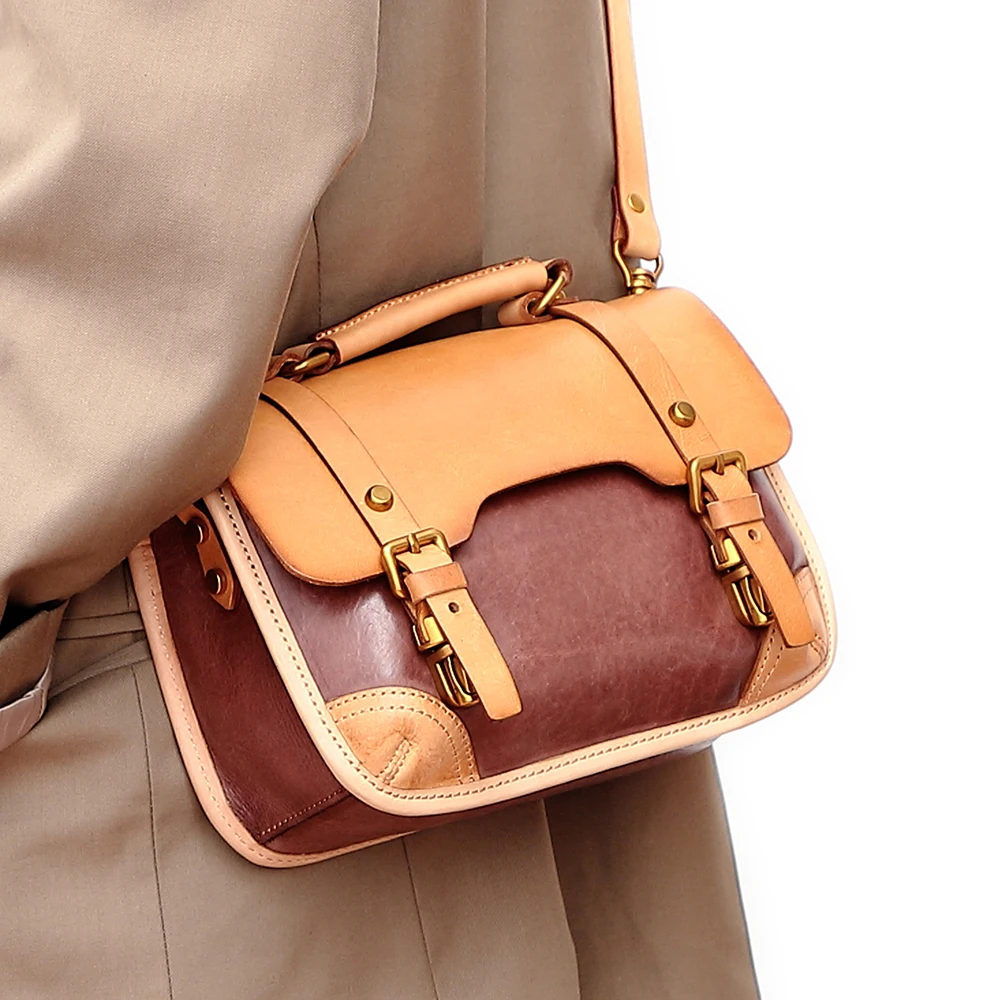 Genuine leather crossbody bag Women's cowhide commuting bag Single shoulder bag Plant tanned leather large capacity handbag