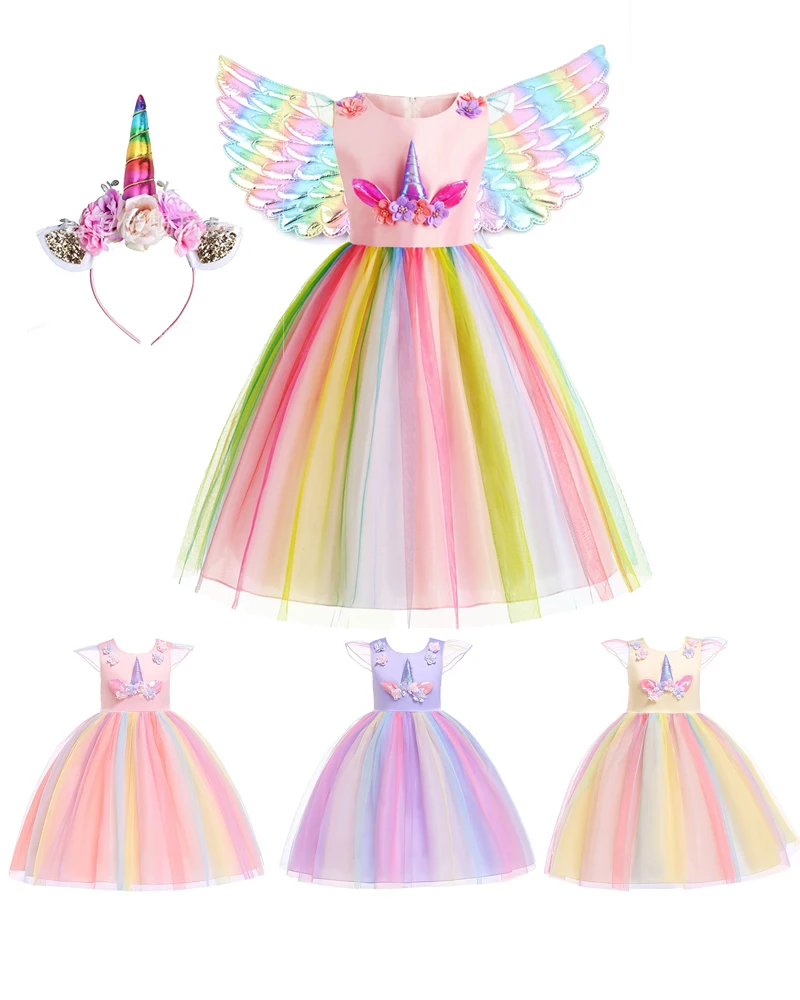 

Girl Unicorn Dress Kids Flower Appliques Ball Gown Elegant Party Costumes Little Girl Princess Dresses Children Clothing