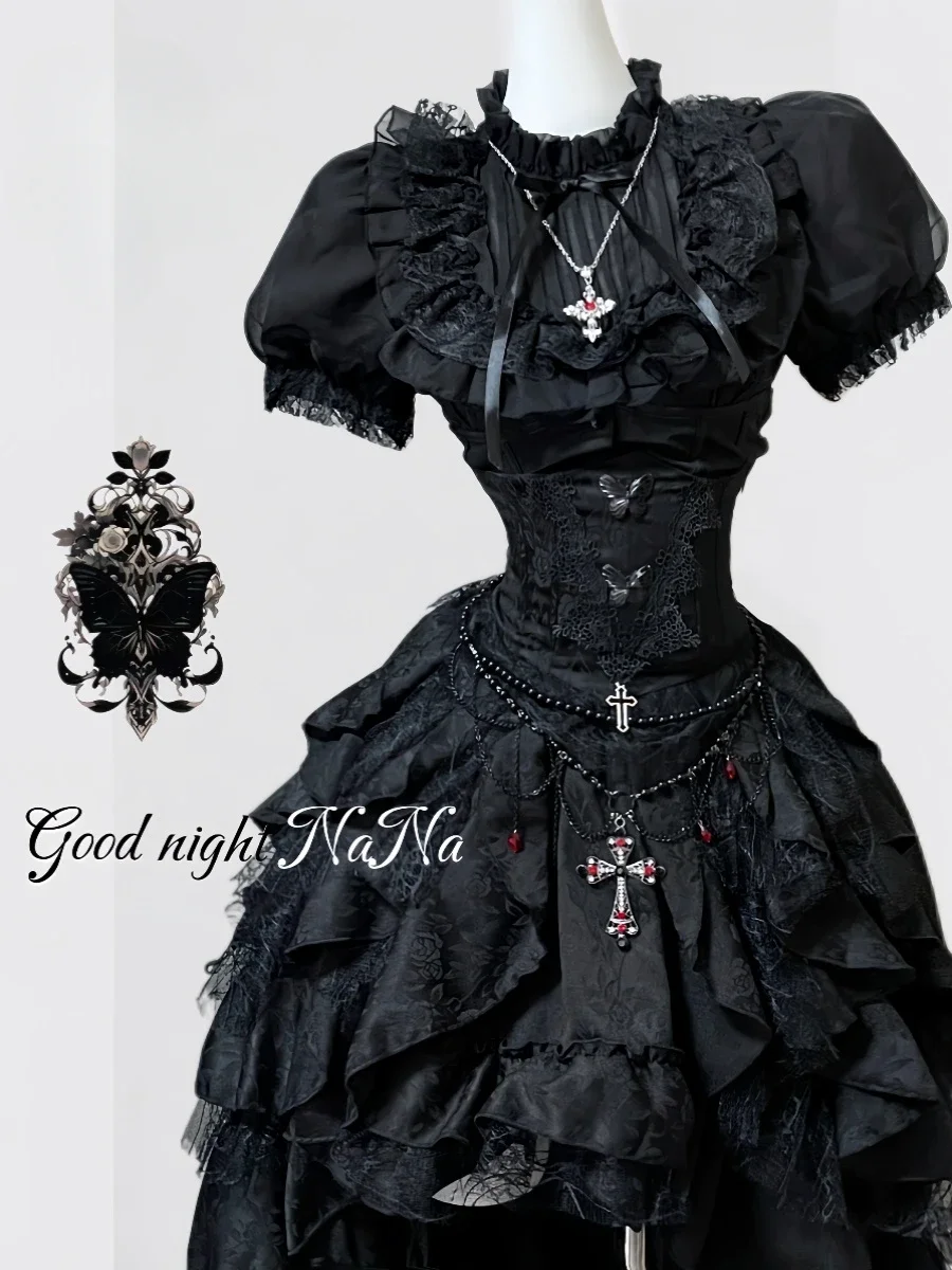 Women's Dark Gothic Vintage Black Lace Stitching Irregular Skirt Women's Slim Fit Short Sleeve Lolita Shirt Y2k Necklace 2024