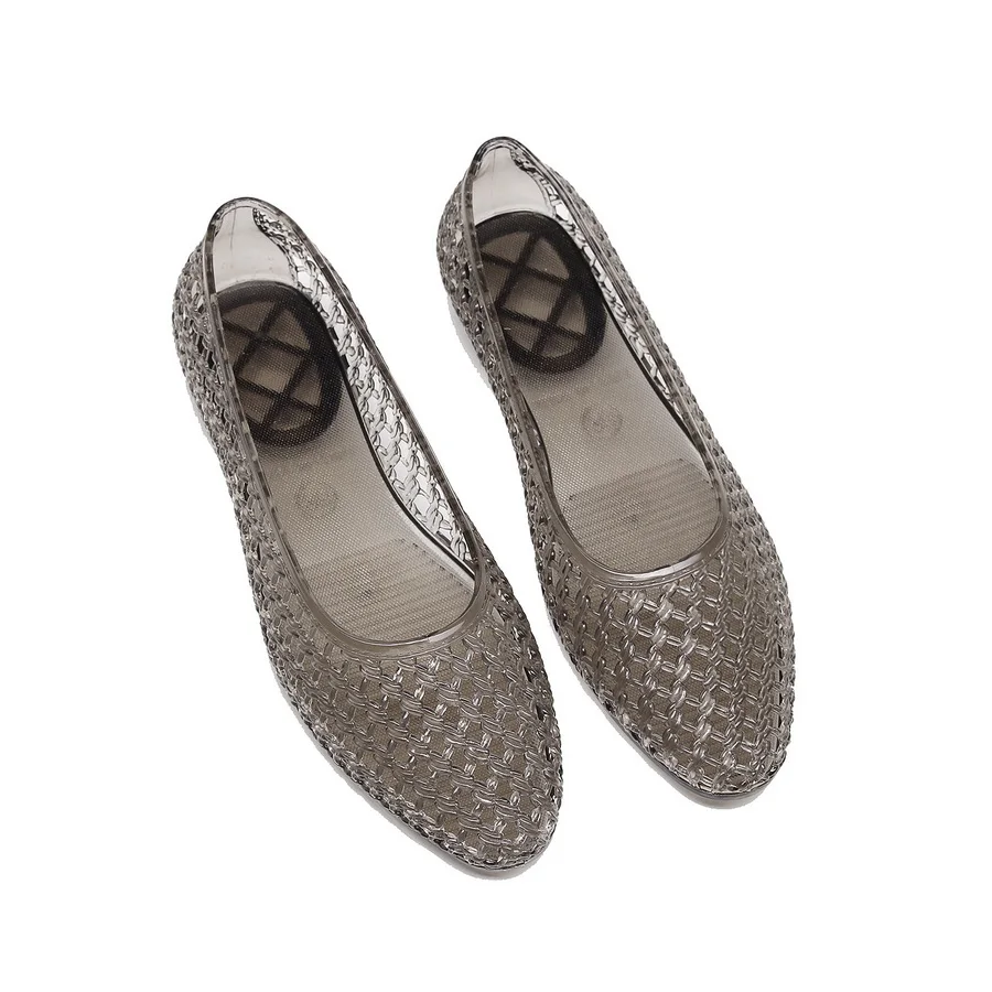 French Vintage Woven Jelly Sandals Ladies Pointed Translucent PVC Flats Women's Clear Breathable Round Toe Casual Everyday Shoes - view 2