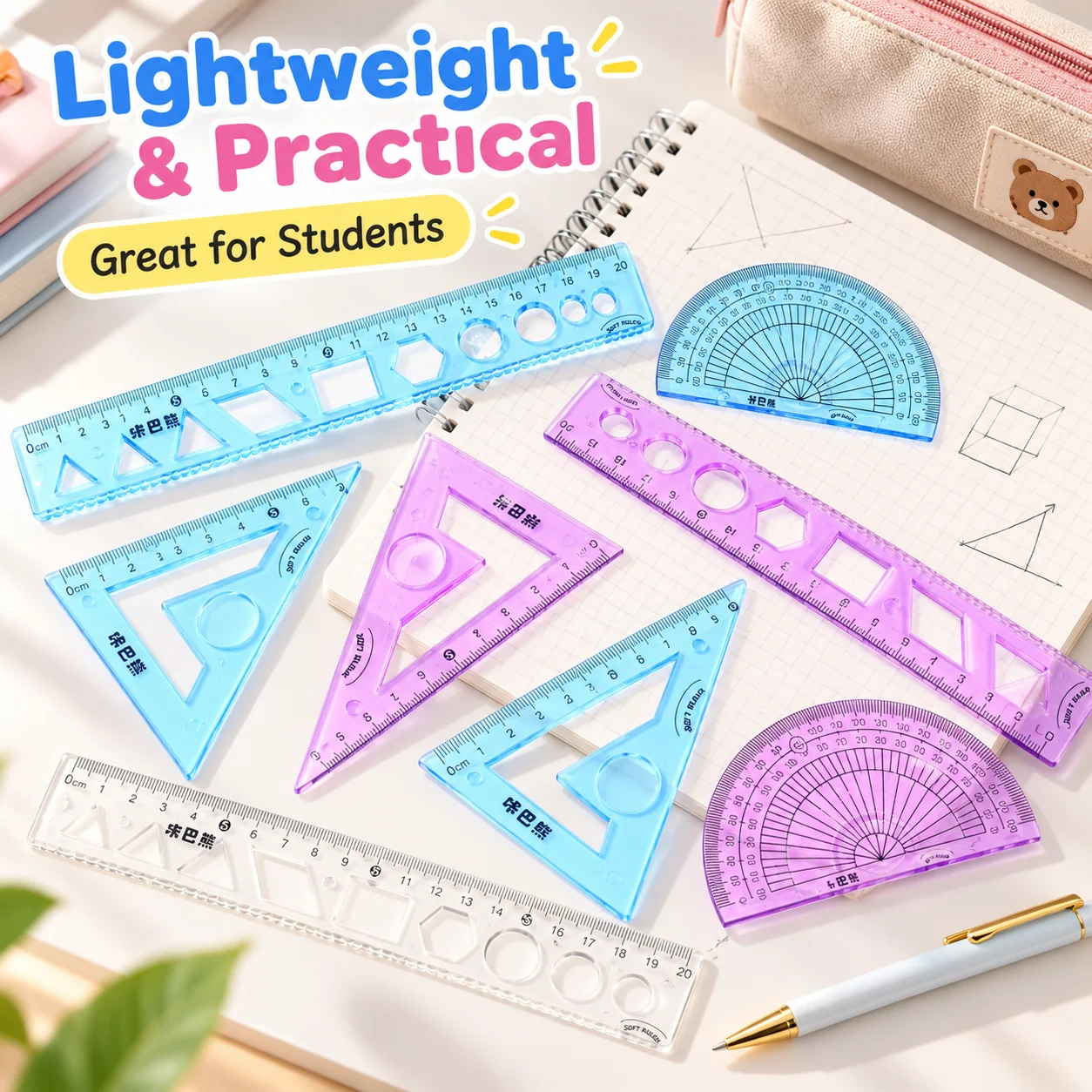 Geometry Ruler Set, 20cm Soft Plastic Ruler, Protractor & Set Square, Drawing Stencil Tools for School Students