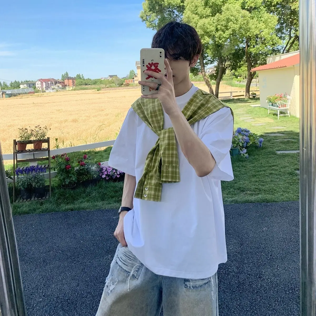 

Men Women Fake Two-Piece Plaid Shawl TShirt Summer American Style Color Block Short Sleeve Casual Streetwear Harajuku Design Top