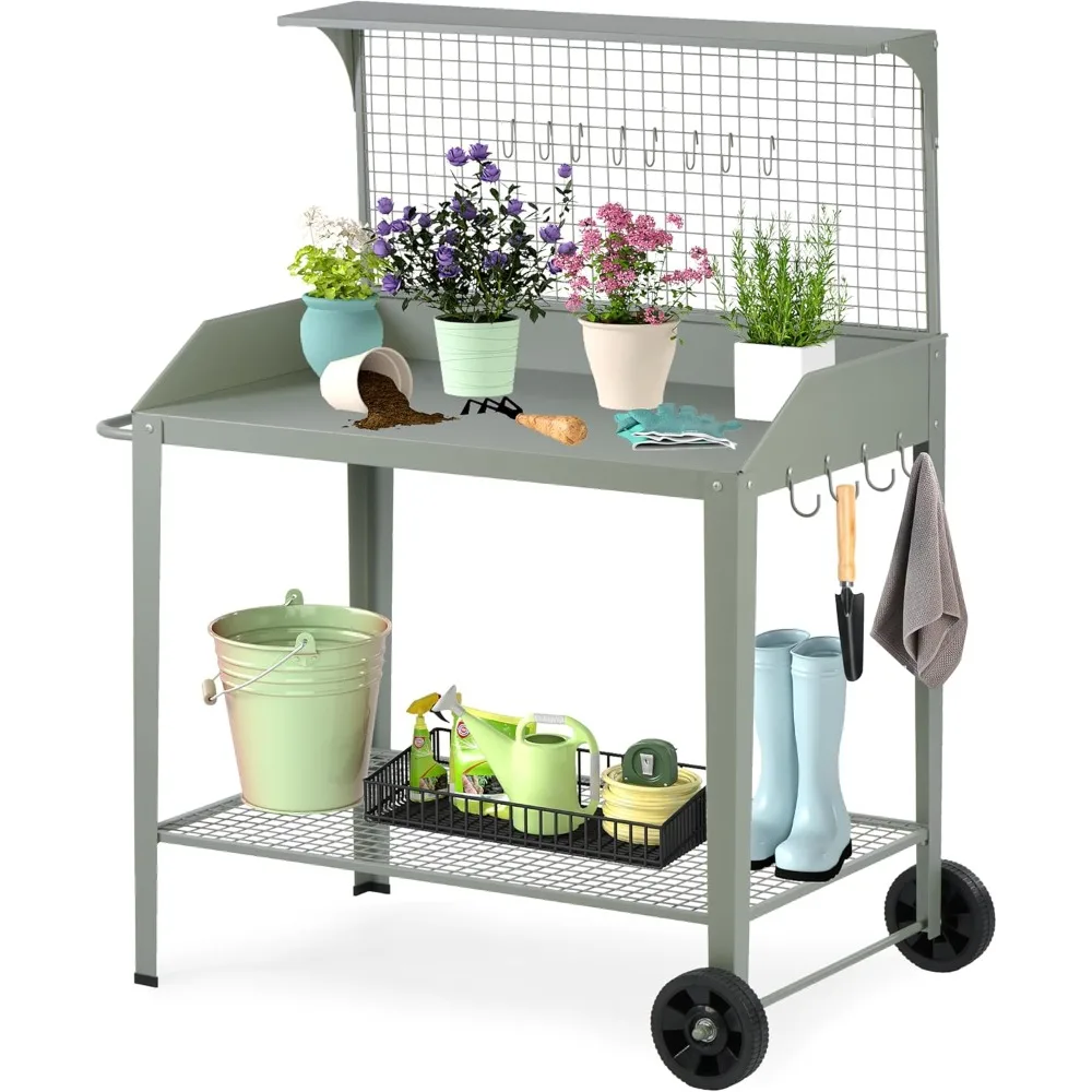 

Outdoor Metal Potting Bench with Wheels, Heavy Duty Garden Workbench Table with Storage Shelf (Green, 52.8"x36.6")