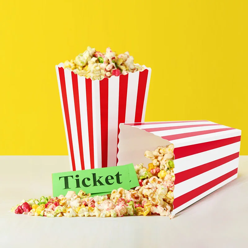 10pcs Popcorn Paper Boxes Buckets Red White Stripes Popcorn Bags Snack Containers Movie Night Birthdays Festival Party Supplies