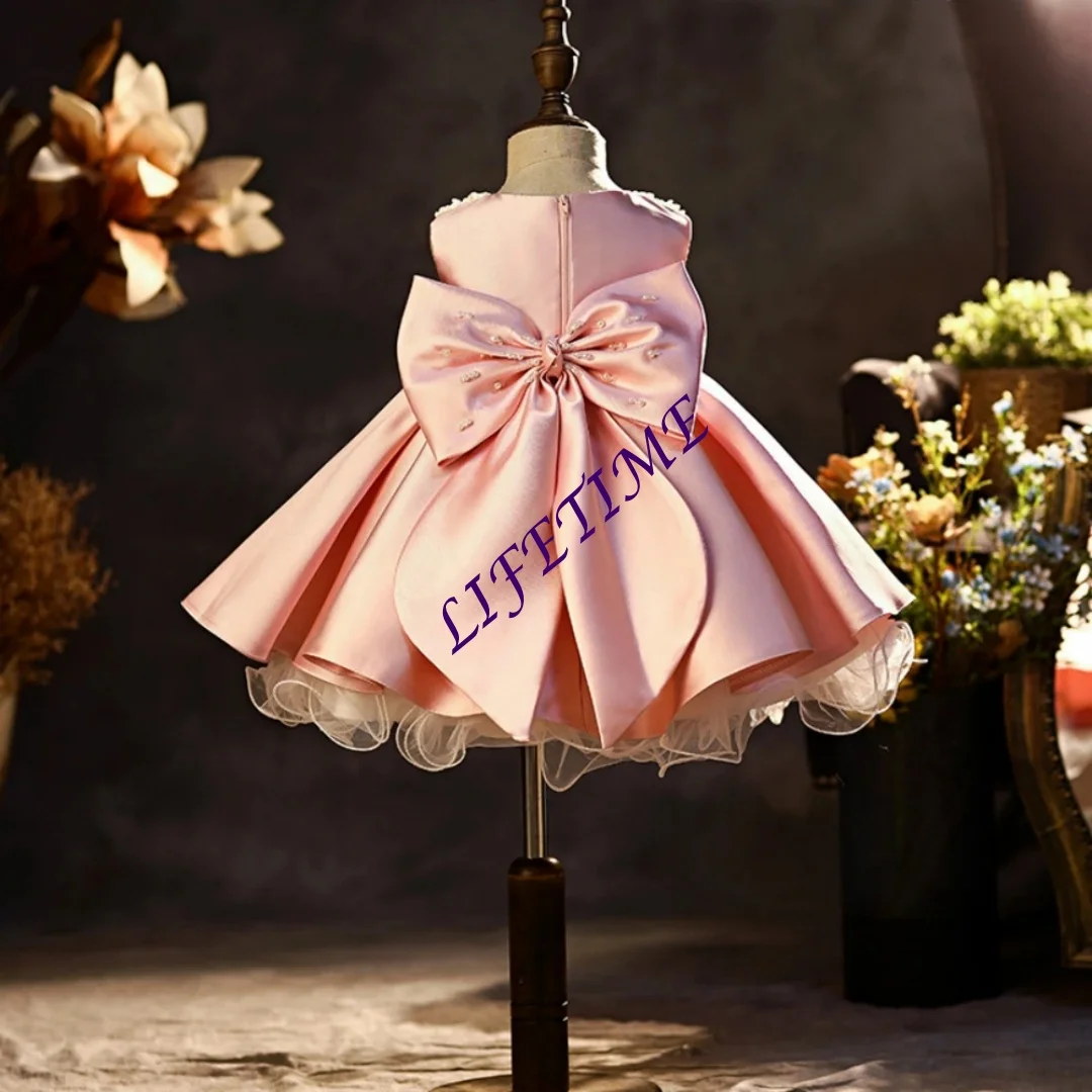 CustomizedGlitter Pearls Sleeveless Satin Princess Gown Cute Graceful Pink Bow Girls Dresses For School Performance Catwalk Show
