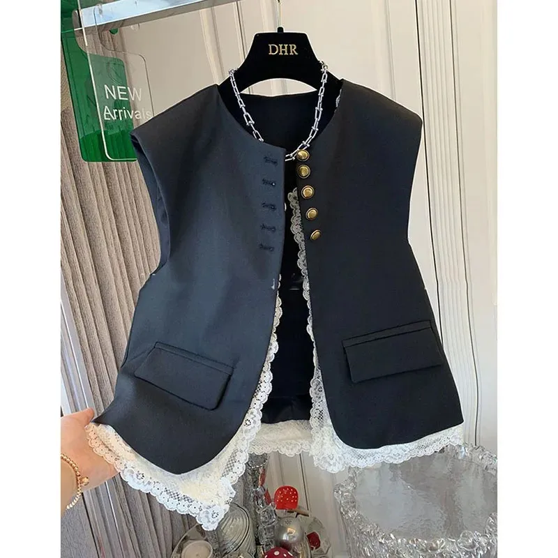 Lace Patchwork Women Vest Korean O Neck Casual Sleeveless Jackets 2024 Female Loose Waistcoat Vintage Chic Tops Women 3192