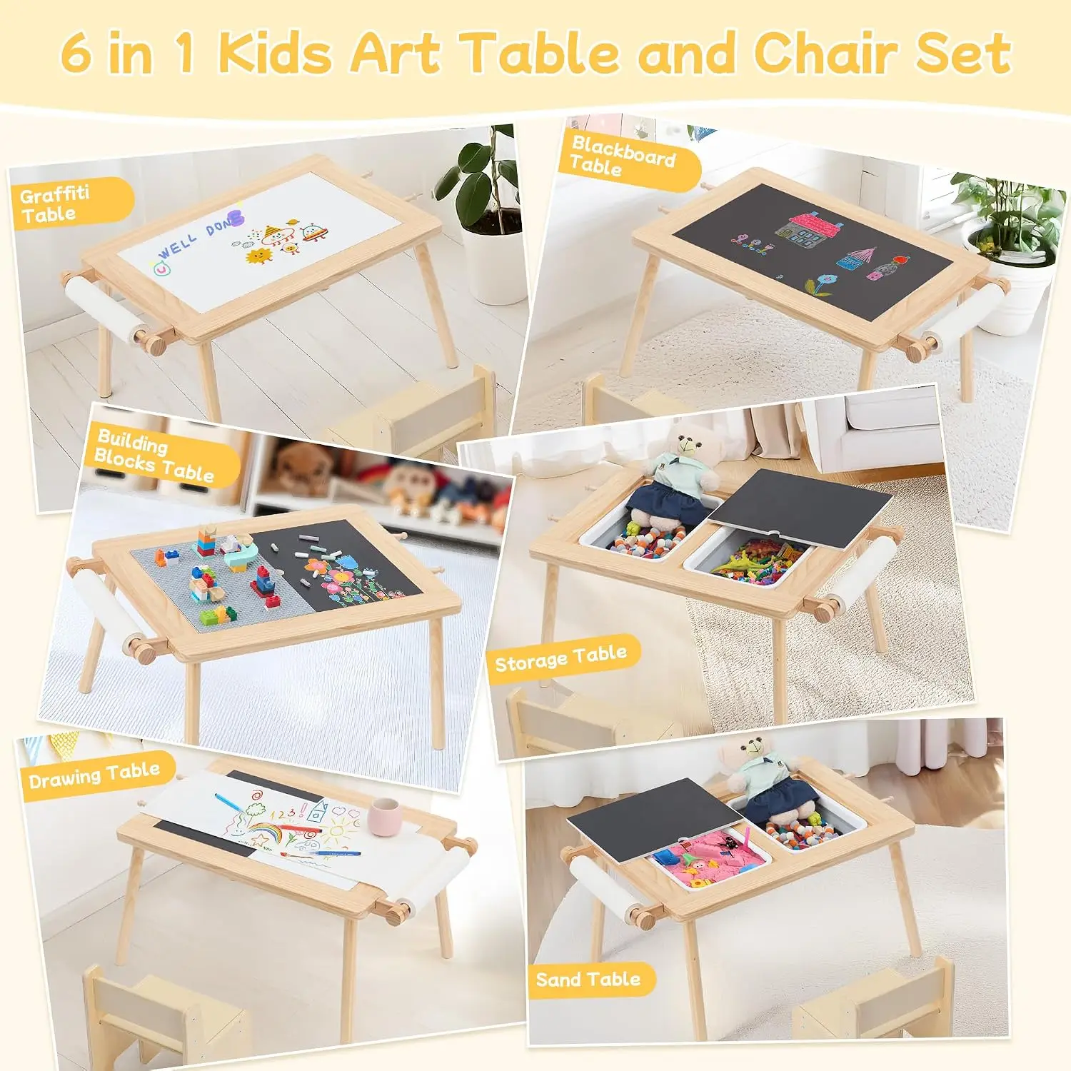 Sensory Table and Chair for Toddlers 2-8, Wood Kids Activity Tables with Storage Bins, Toddler Play Table with Roll Holder for Drawing Paper, Kids Art Tables with Double-Sided Graffiti