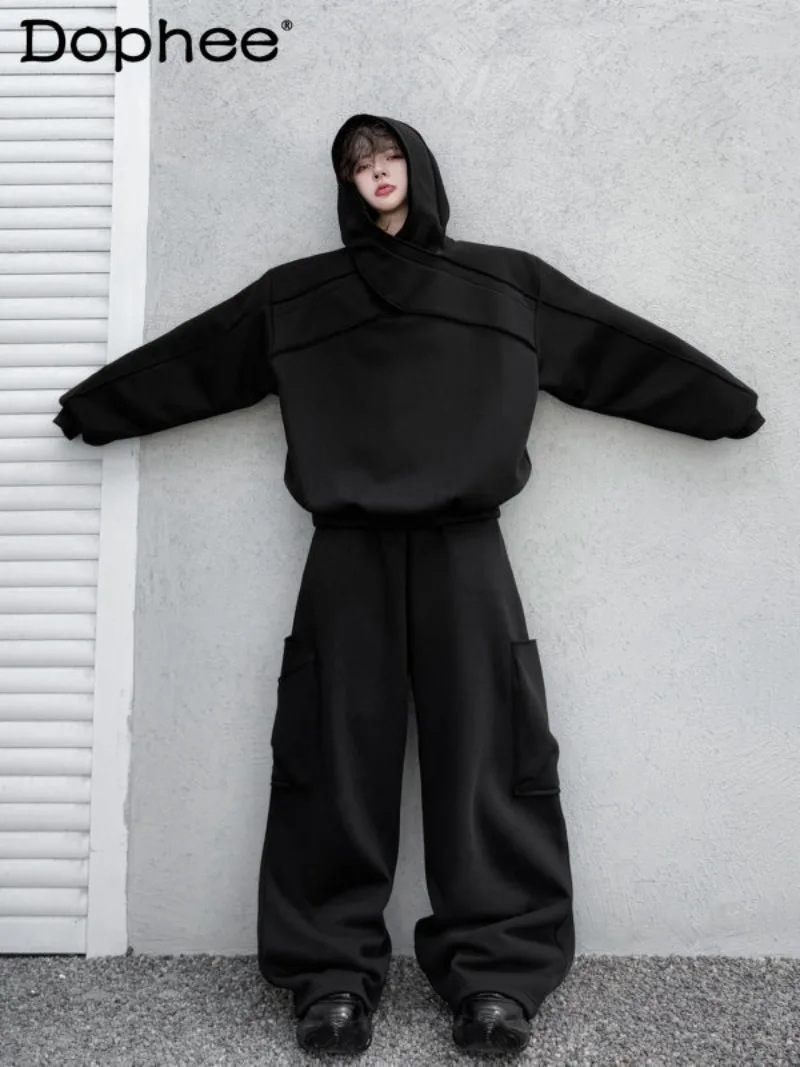 

American High Street Fashion Trend Hooded Thickened Men's Sweatshirt Set Loose Casual Wide-Leg Long Pants Two-Piece Set