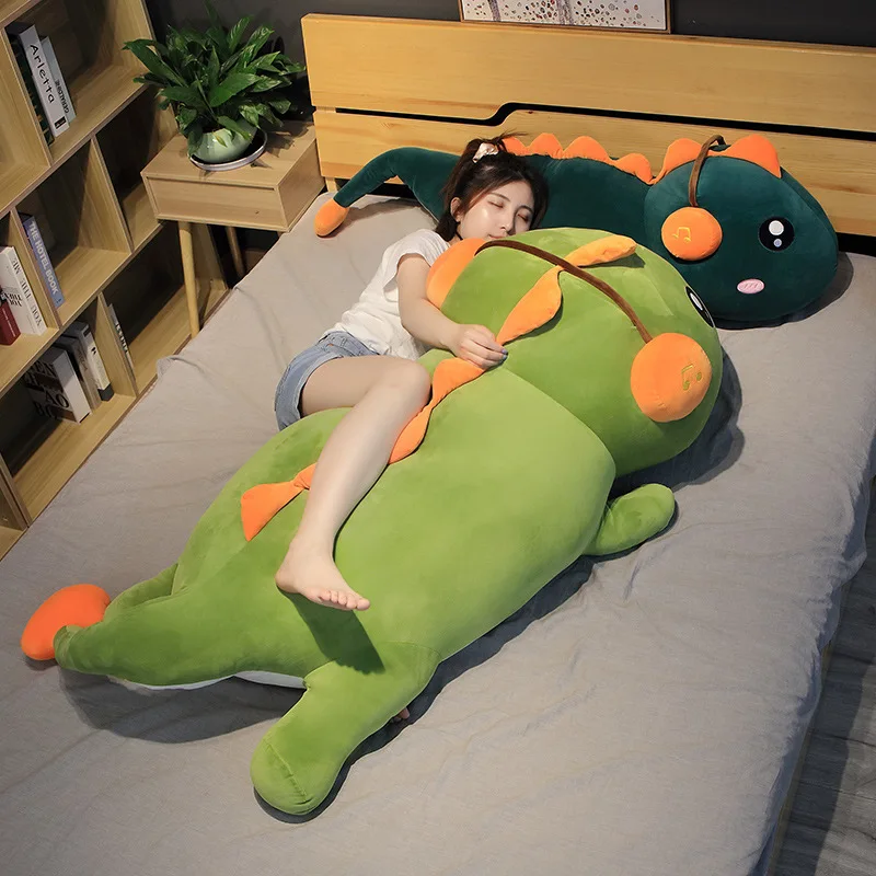 120cm Big Size Long Lovely Dinosaur Plush Toy Soft Cartoon Animal Dinosaur Wearing Headphones Stuffed Doll Pillow for Kids Gift