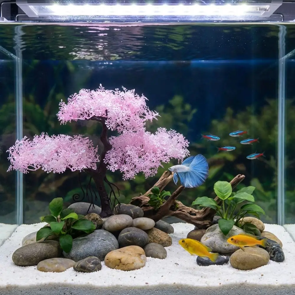 Realistic Aquarium Cherry Blossom Underwater Scene Simulation Landscape Tree Irregular Natural Look Fish Tank Ornament