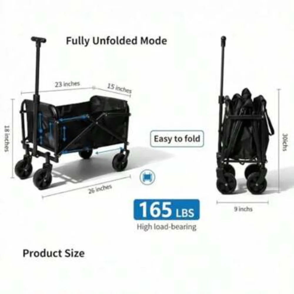 80L Collapsible Wagon Cart Foldable Garden Utility Cart with 360 Degree Swivel All Terrain Wheels, Heavy Duty Removable Fabric Liner, Adjustable Handle, Portable Folding Cart for Beach Camping Picnic Grocery Gardening Outdoor Sports Travel Festivals