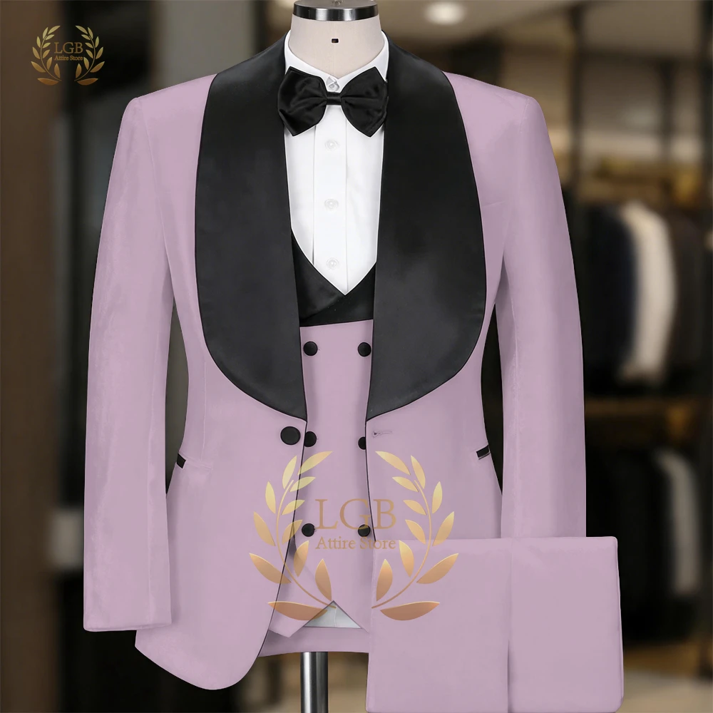 Men's Velvet Blazer Suit 3 Pieces Violet Jacket+Vest+Pants Contrast Black Shawl Collar Slim Fit Wedding Party Host Stage Suits