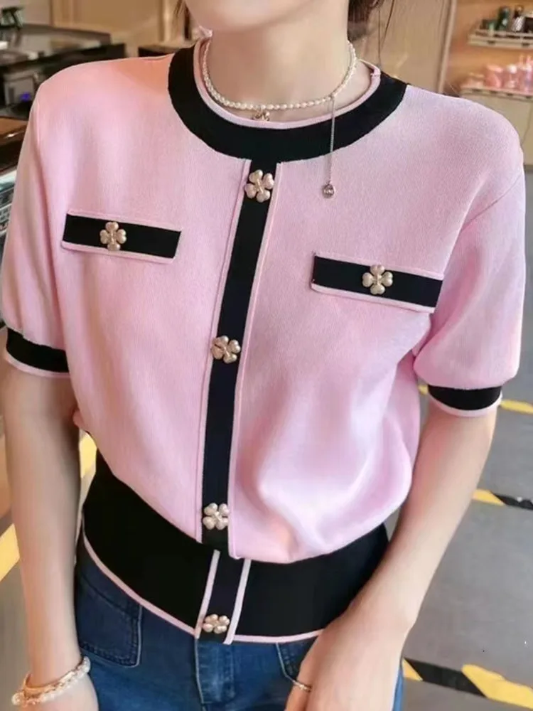 Jerseys de punto de manga corta para mujer, suéteres finos de cuello redondo, Tops elegantes, prendas de punto elegantes, moda coreana, verano 2024