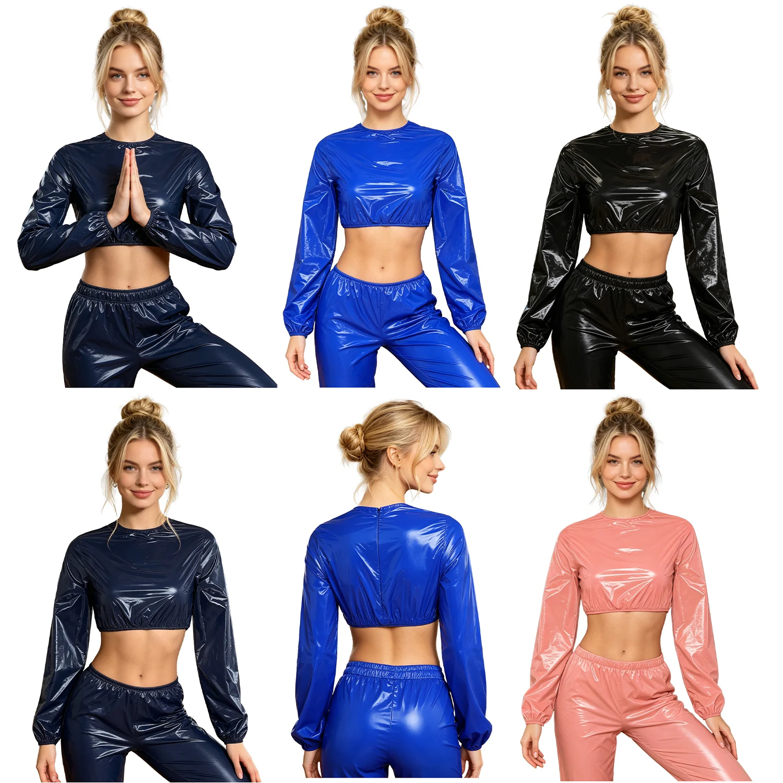 Womens Waterproof Glossy Crop Top Crew Neck Long Sleeve Back Zipper T-shirt Crop Sweat Top for Nightclub Rave Party Cosplay