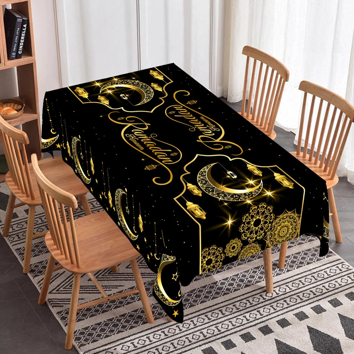 2026 Eid Mubarak Moon Polyester Tablecloth Ramadan Decor 2026 Ramadan Kareem Decor Islamic Muslim Party Supplies Eid Table Cover