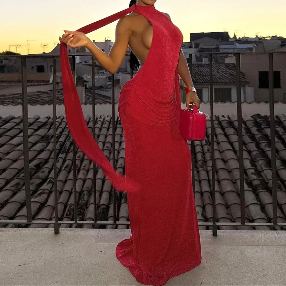 Ruched Bodycon Maxi Dress Women Solid Red Sexy Turtleneck Sleeveless Lace Up Ribbons Backless Slim Banquet Birthday Party Robes